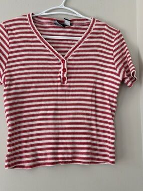 Striped Ribbed Henley Crop Top in Red & White
